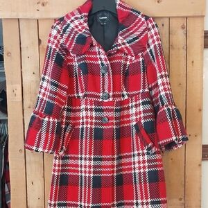 My Michelle Red, Navy and Black Plaid Pea Coat With Bell Sleeve